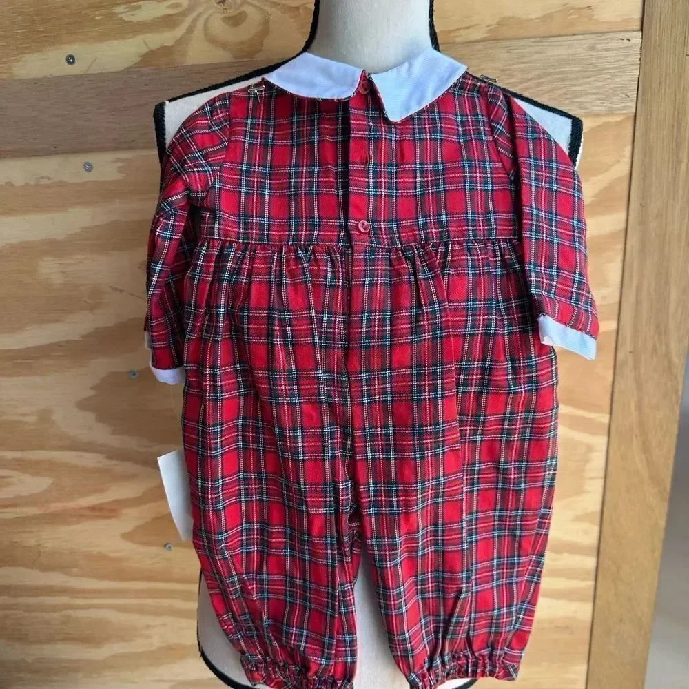 NWT Carriage Boutique Red Plaid Baby Romper with White Collar